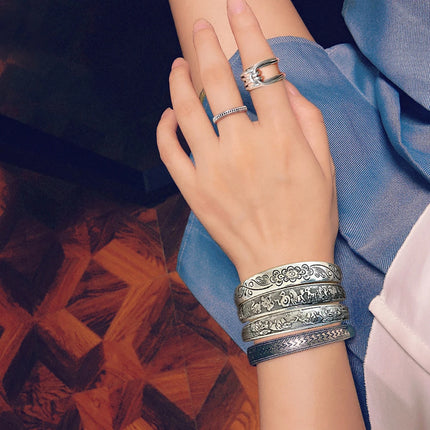 Retro Tibetan Silver Cuff Bracelets - Metal Carved Fish Elephant Flower Bangles