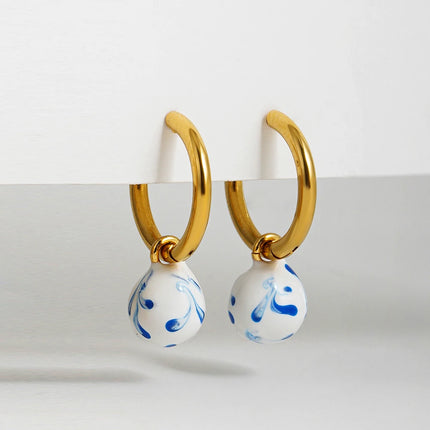 Asymmetric Ceramic Flower & Pearl Hoop Earrings