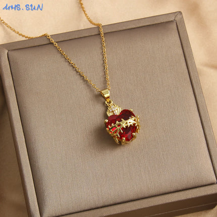 Sacred Red Heart Cross Necklace - Gold Plated Cubic Zircon Pendant
