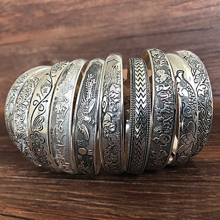 Retro Tibetan Silver Cuff Bracelets - Metal Carved Fish Elephant Flower Bangles
