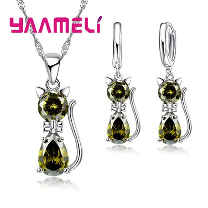 925 Sterling Silver Cat Jewelry Set - Austrian Crystal Necklace & Earrings for Women