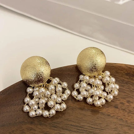 Round Metal Pearl Pendant Earrings - Personalized Fashion Stud Earrings