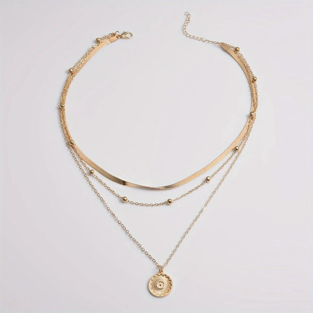 Multi-Layer Chain Necklace - Silver Three-Layer Snake Bone & Round Bead Design for Women