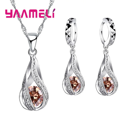 Water Drop CZ Jewelry Set - 925 Sterling Silver Plated Necklace & Earrings for Women