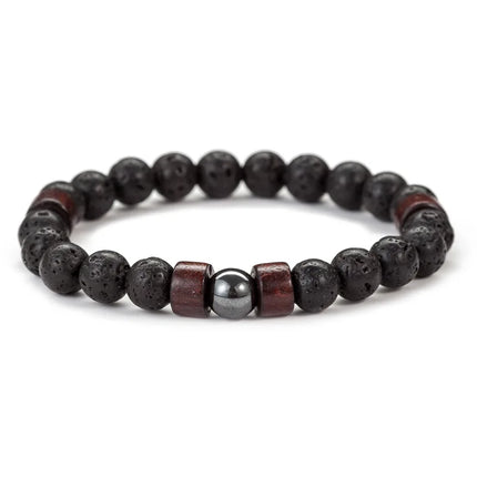 8mm Volcanic Lava Stone Bracelet - Tibetan Buddha Wooden Beads for Men