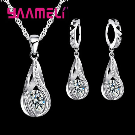 Water Drop CZ Jewelry Set - 925 Sterling Silver Plated Necklace & Earrings for Women