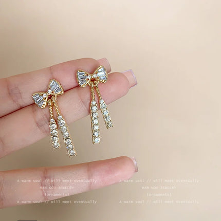 Gold Bow Stud Earrings - Rhinestone Dangle Earrings for Women