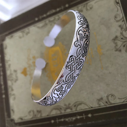 Retro Tibetan Silver Cuff Bracelets - Metal Carved Fish Elephant Flower Bangles