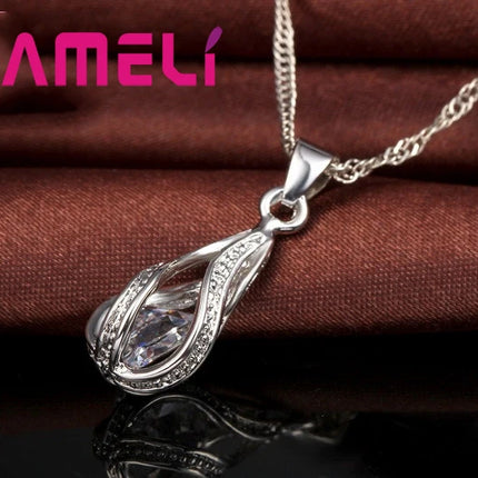 Water Drop CZ Jewelry Set - 925 Sterling Silver Plated Necklace & Earrings for Women
