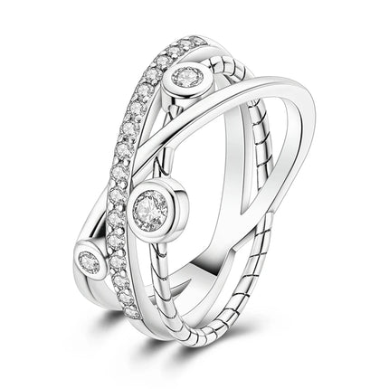 925 Silver Interwoven Line Ring - Zircon Geometric Winding Engagement Ring