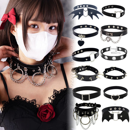 Black Punk Choker Necklace - PU Leather Heart Lock Key Spike Gothic Collar
