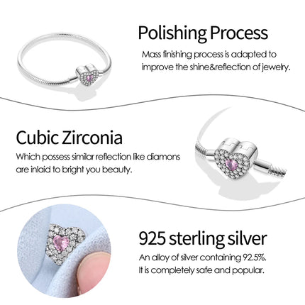 S925 Silver Plated Heart Love Zircon Bracelet - DIY Charm Bead for Women