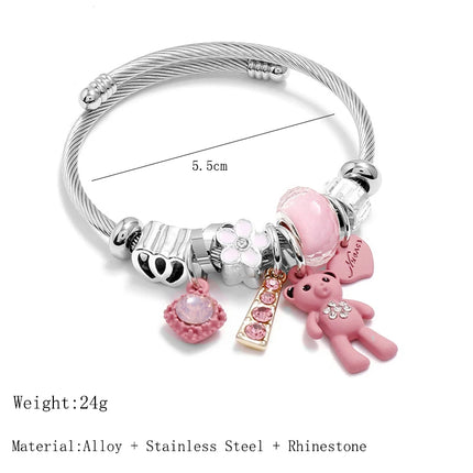 Stainless Steel Pink Bear Charm Bracelet - Heart & Love Cuff Bangle
