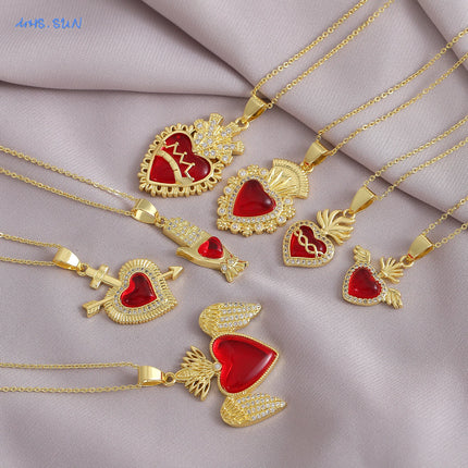 Sacred Red Heart Cross Necklace - Gold Plated Cubic Zircon Pendant