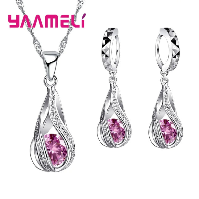 Water Drop CZ Jewelry Set - 925 Sterling Silver Plated Necklace & Earrings for Women