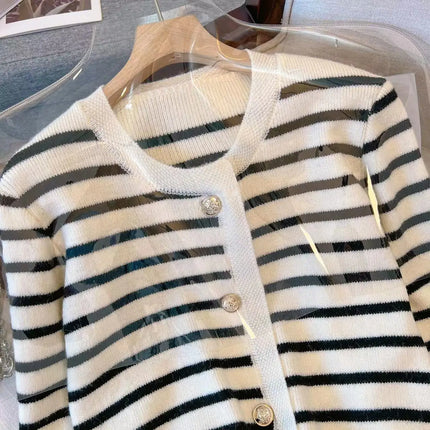 Stripe Knitted Cardigan Women Spring Autumn O-neck Single Breasted Long Sleeve Crop Tops Fashion Casual Chic Female Sweaters