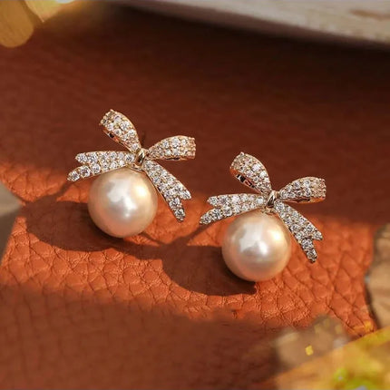 French Pearl Bow Earrings - Delicate Crystal Stud Earrings for Women