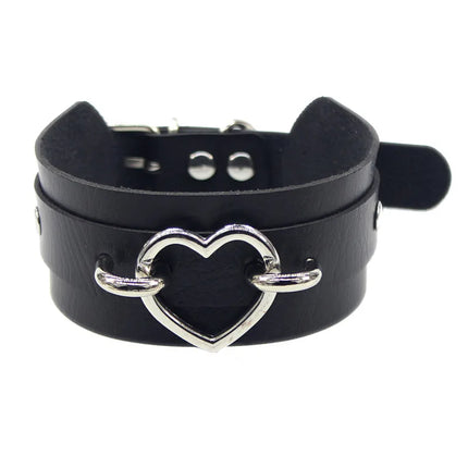 Black Punk Choker Necklace - PU Leather Heart Lock Key Spike Gothic Collar