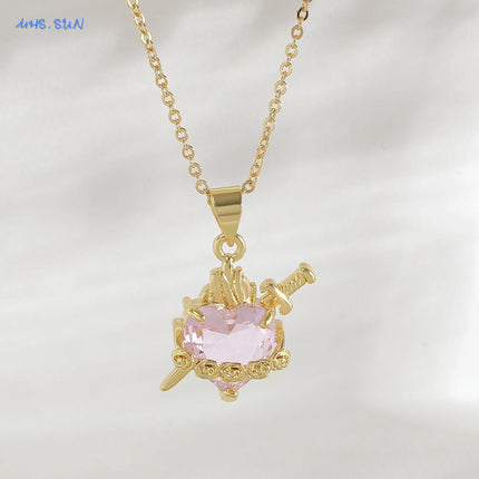 Sacred Red Heart Cross Necklace - Gold Plated Cubic Zircon Pendant