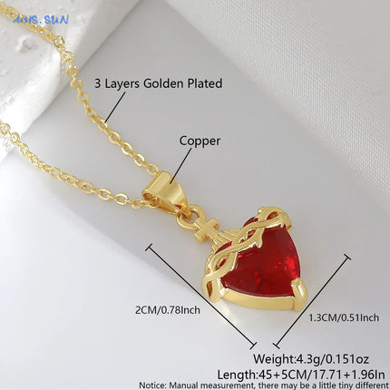 Sacred Red Heart Cross Necklace - Gold Plated Cubic Zircon Pendant