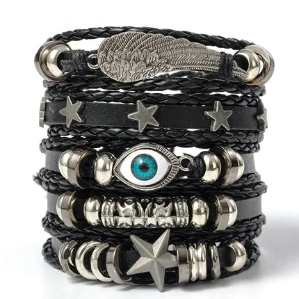 Evil Eye Wing Star Bracelet Set - 5-Piece DIY Braided Punk PU Leather & Beads