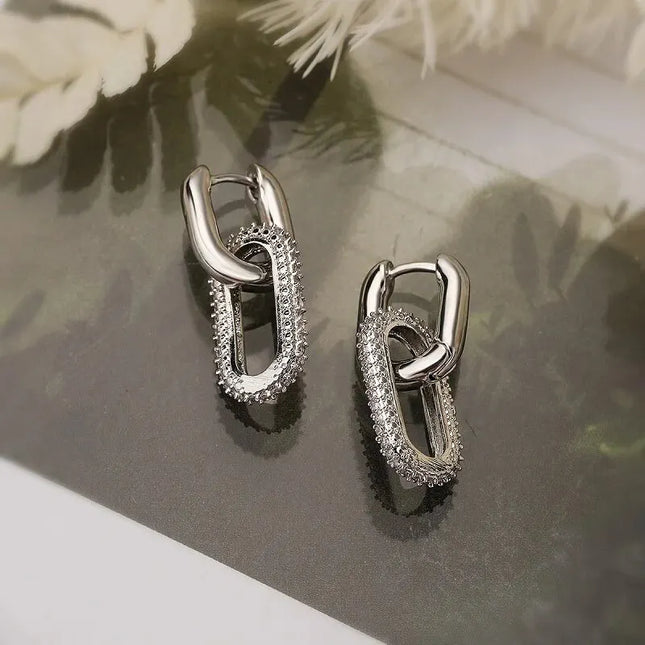 Shiny Rhinestone Geometric Earrings - Light Luxury Elliptical Double Ring for Women