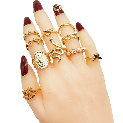 30pc Gold Finger Rings Set - Love Snake Animal Butterfly Pearl Party Jewelry for Women