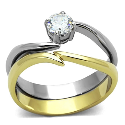 Two-Tone Gold Ring - IP Gold Stainless Steel with Clear AAA Grade CZ