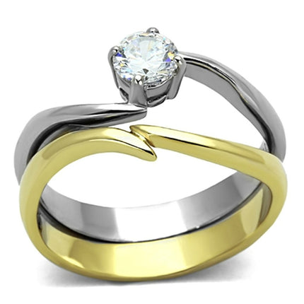 Two-Tone Gold Ring - IP Gold Stainless Steel with Clear AAA Grade CZ